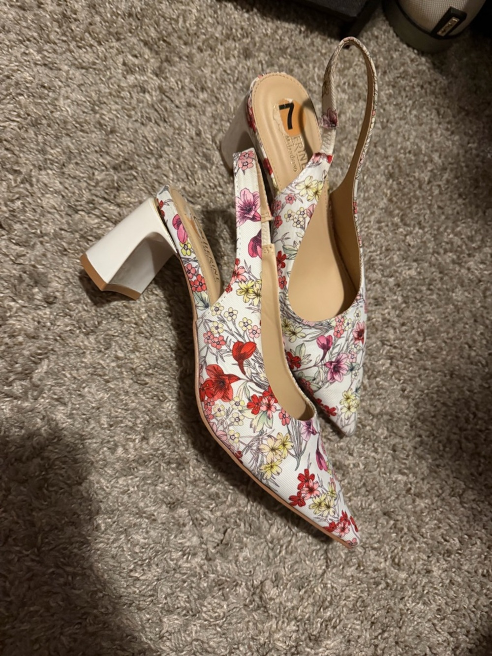 Catherines White Floral Slingback Block Heels
